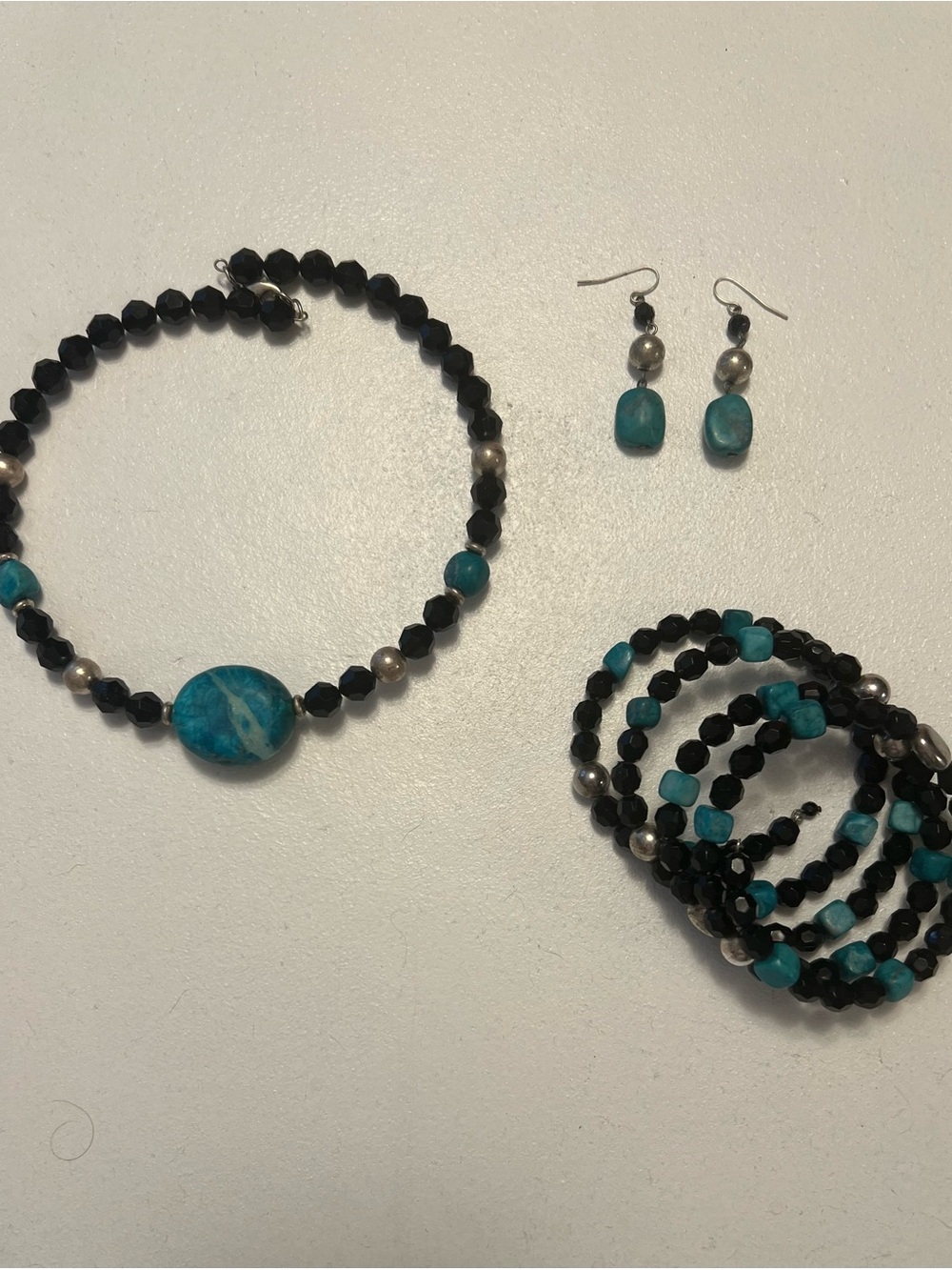 Handcrafted Turquoise & Black Beaded Necklace, Bracelet & Earrings Set